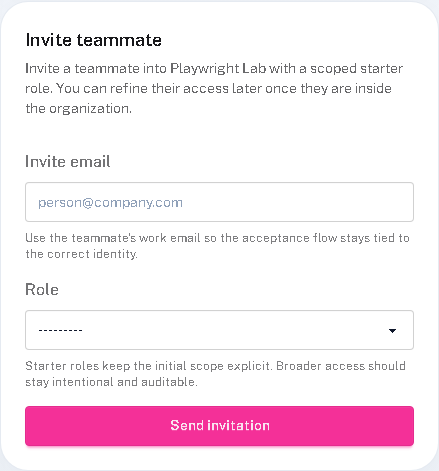 Real Janalix invite teammate form with invite email, role selection, and send invitation action.