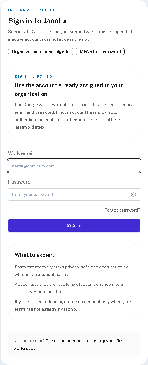 Real Janalix sign-in screen showing the governed sign-in card and password flow.