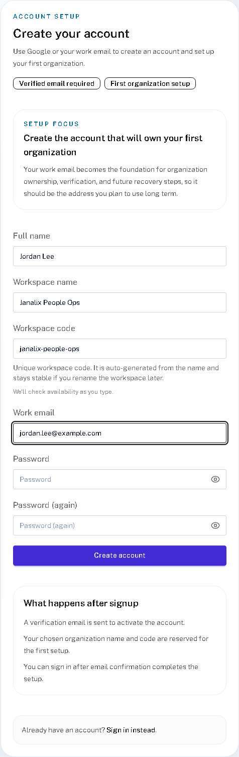 Real Janalix signup screen showing full name, workspace name, workspace code, and work email fields.