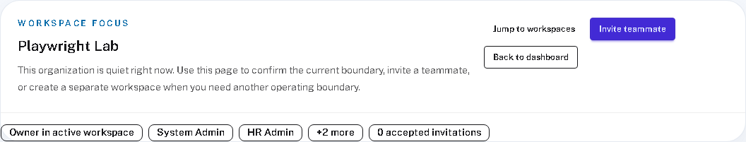Real Janalix workspace access screen showing workspace focus, available actions, and active role badges.